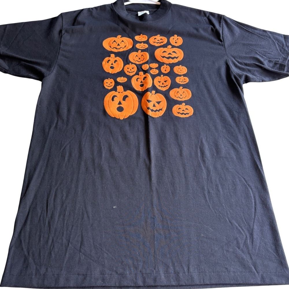 Vintage Halloween Pumpkin Puff Print Black Tee L Made in USA 90s
